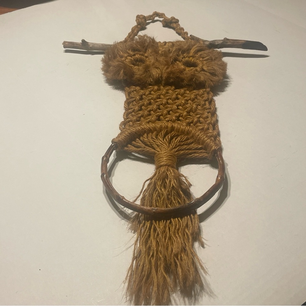 1970 Handwoven Brown Macramé Owl hanging folk art